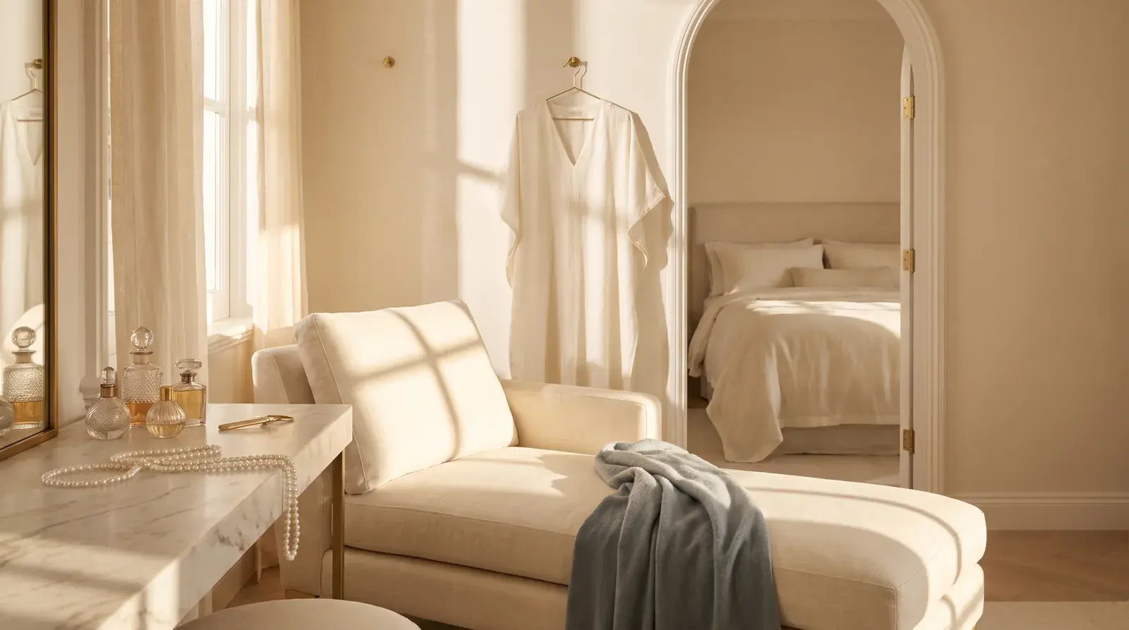 A sunlit dressing room with perfume bottles, pearls and linen