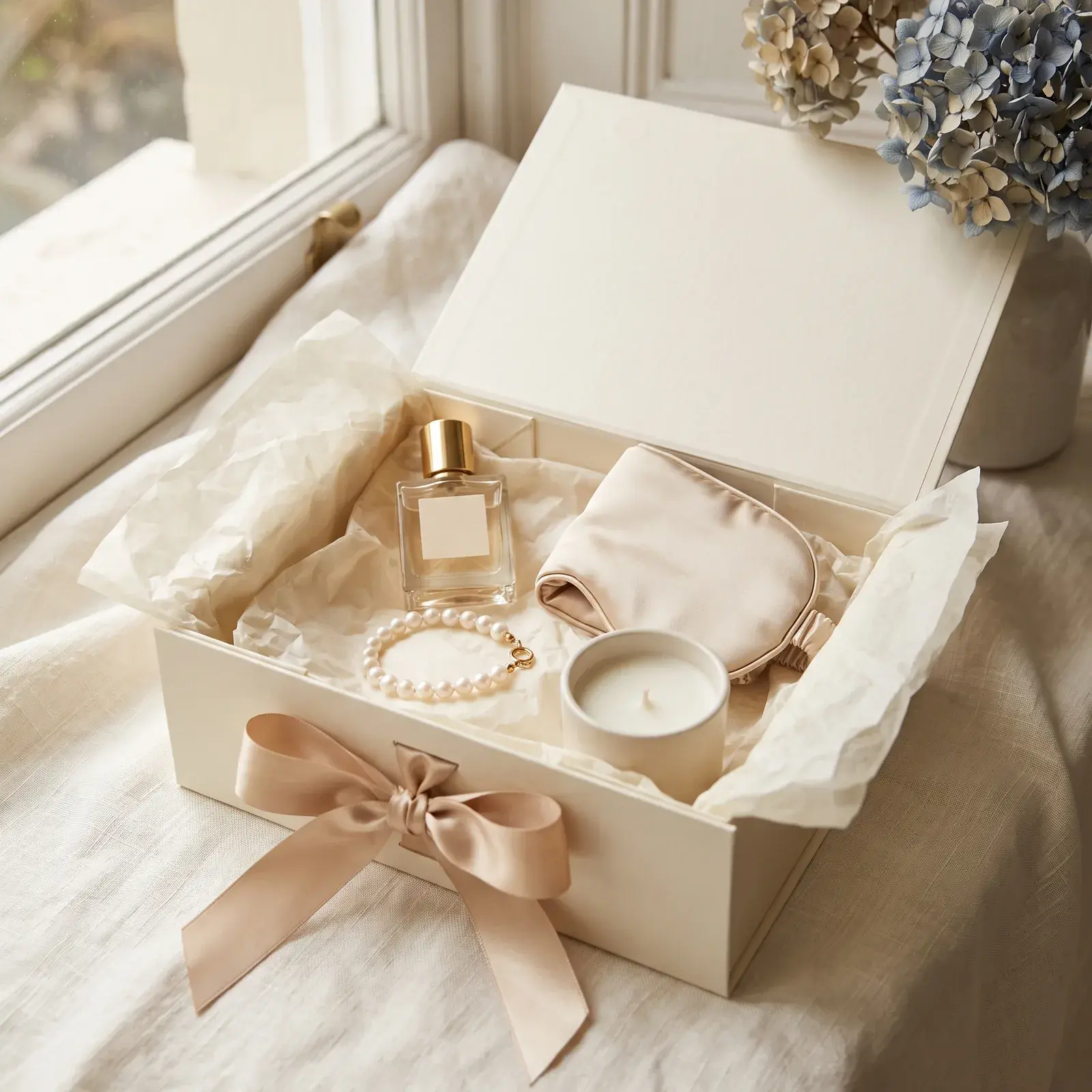 An ivory gift box holding a perfume, a pearl bracelet and a silk sleep mask